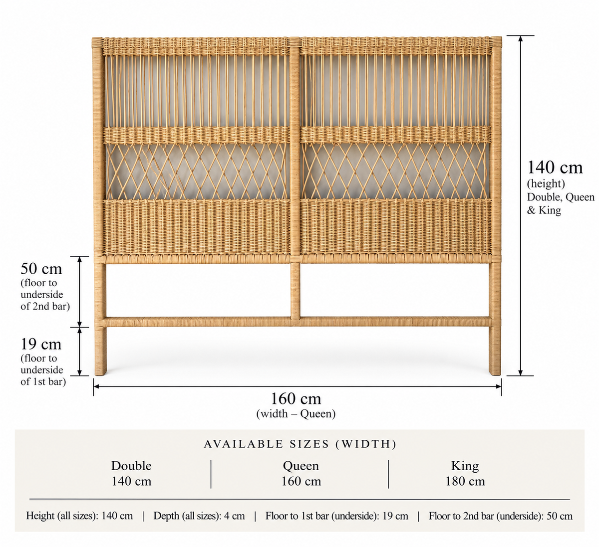 Rote Cane Panel Design Bedhead - King, Queen, Double