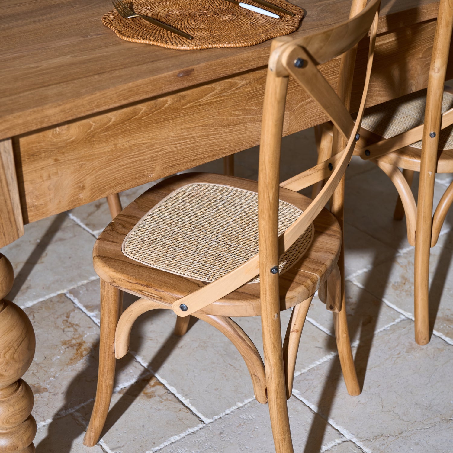 Desa Teak Cross Back Dining Chair with Woven Rattan Seat Panel