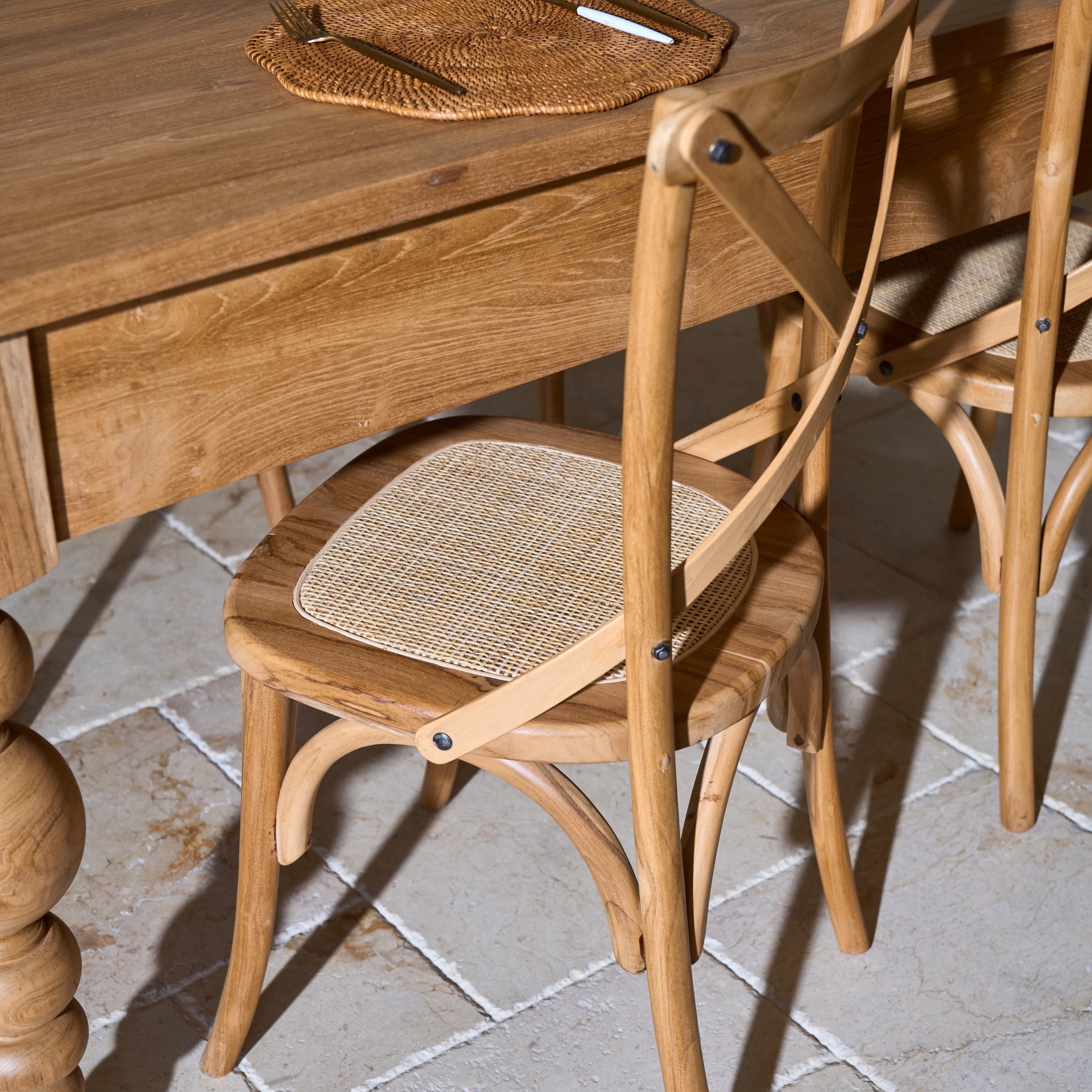Desa Teak Cross Back Dining Chair with Woven Rattan Seat Panel