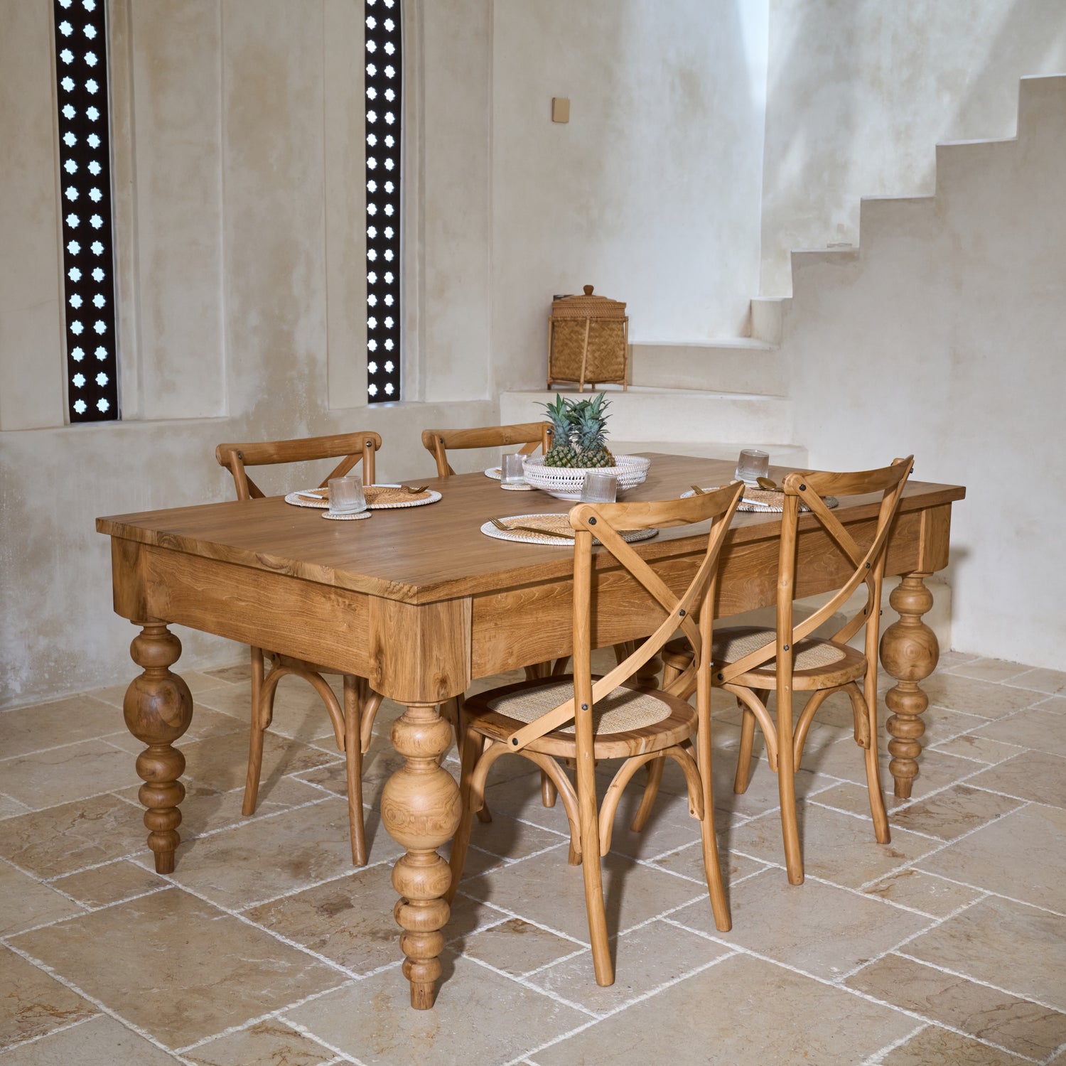 Desa Teak Cross Back Dining Chair with Woven Rattan Seat Panel