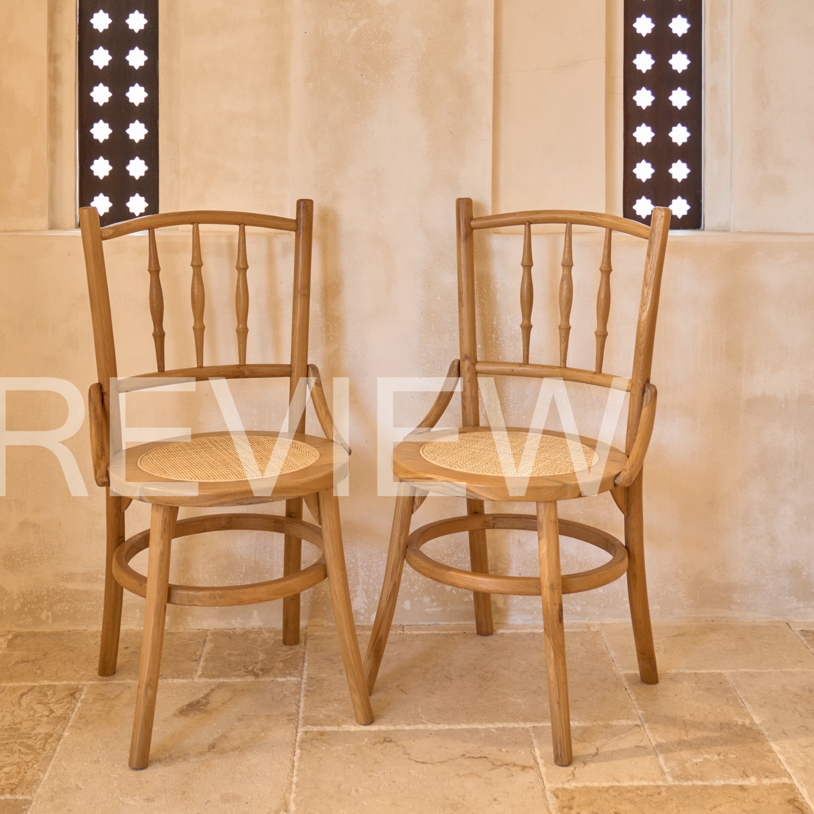 Desa Round Carved Teak Dining Chair with Woven Rattan Seat Panel