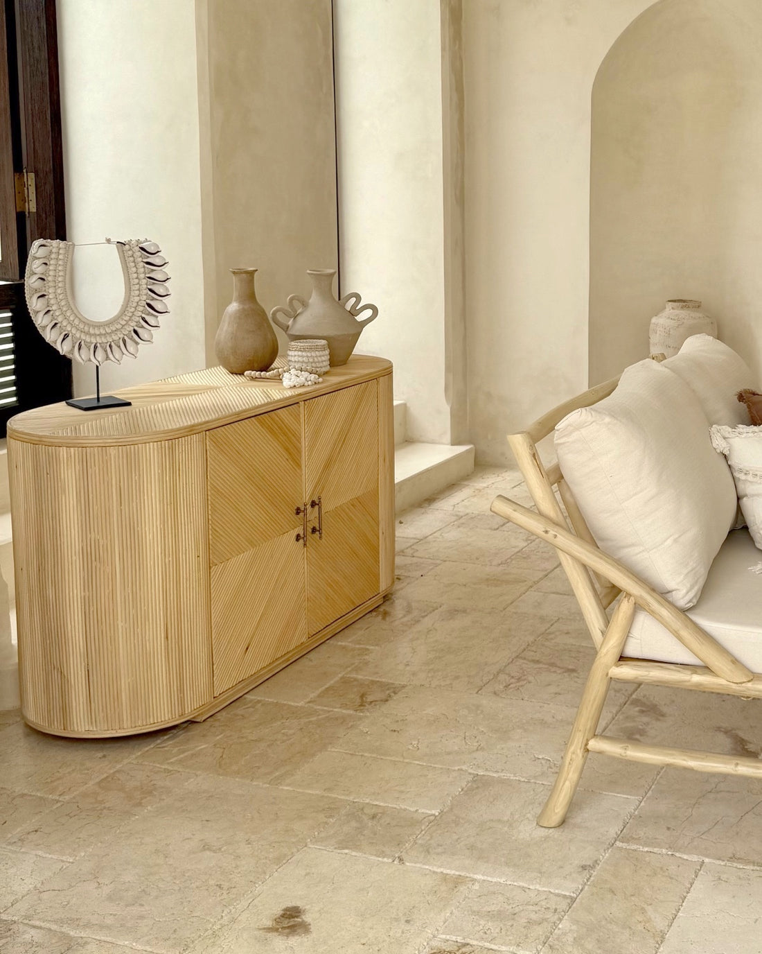 Indah Rattan Wood Cupboard Console with drawers