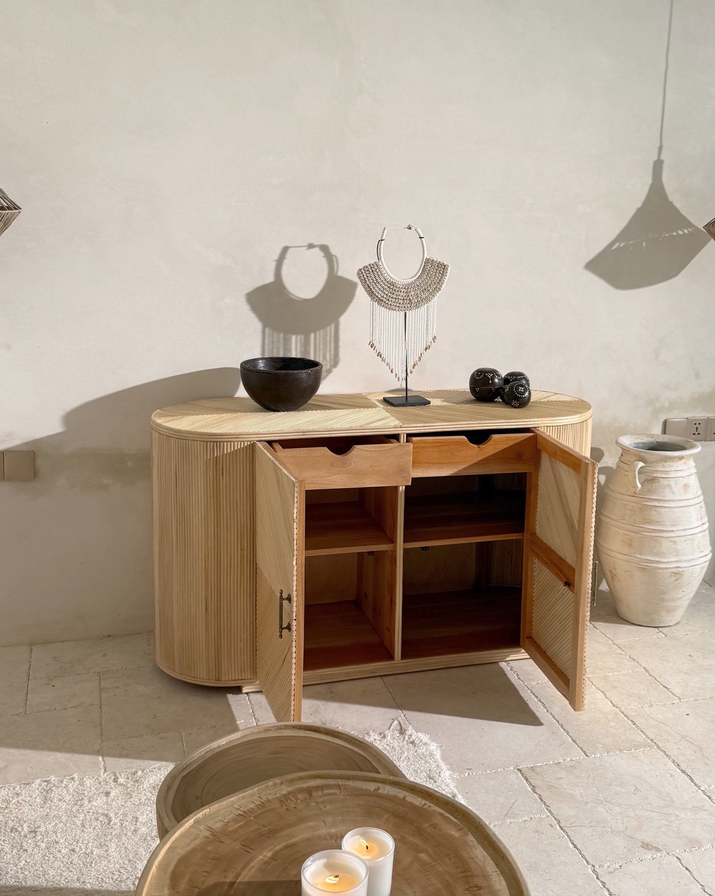 Indah Rattan Wood Cupboard Console with drawers