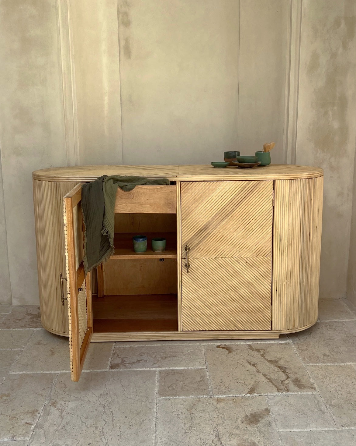 Indah Rattan Wood Cupboard Console with drawers