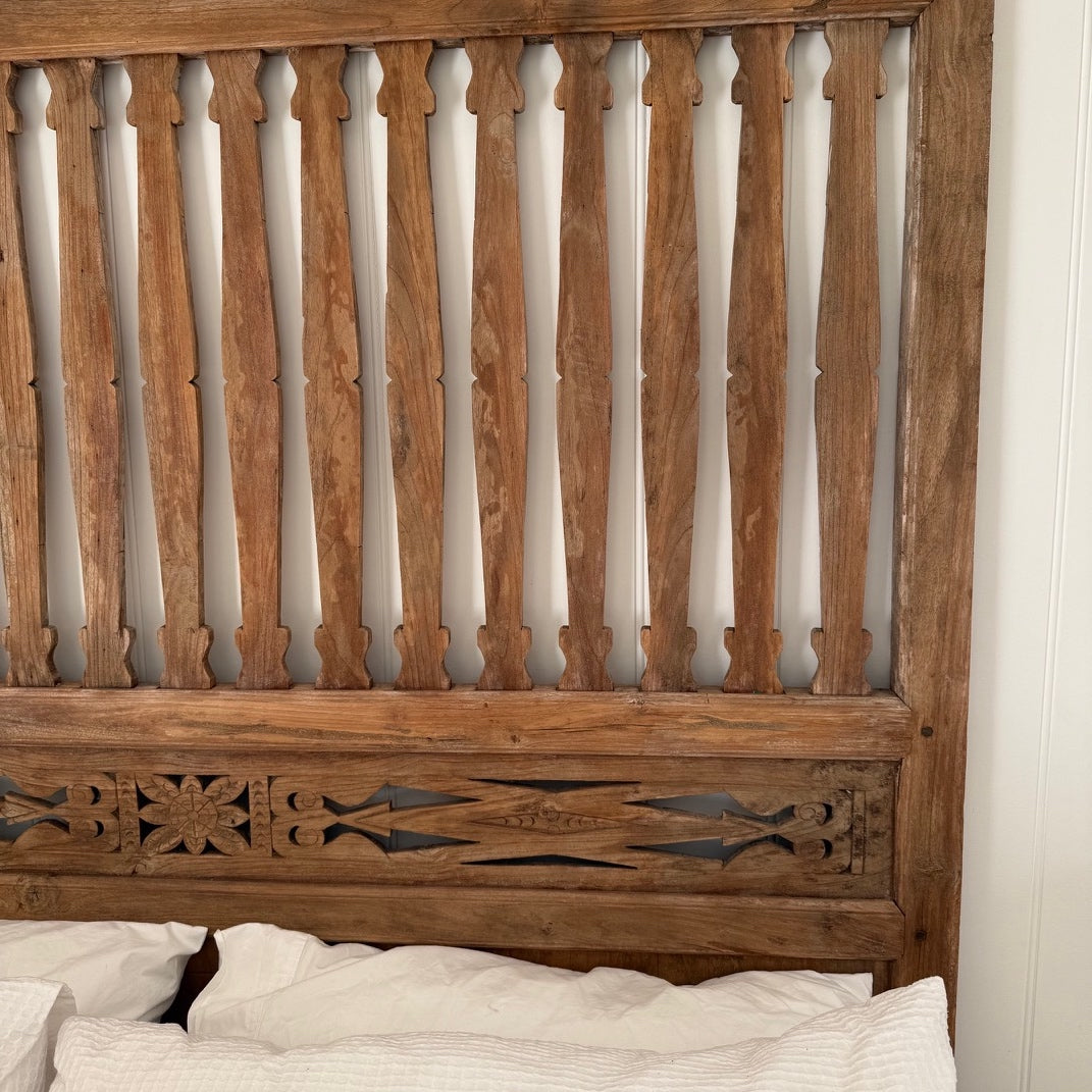 JIWA Tinggi Tall Vintage Original Teak Carved Bedhead - Queen
