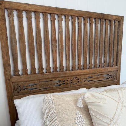 JIWA Tinggi Tall Vintage Original Teak Carved Bedhead - Queen
