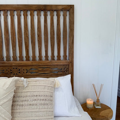 JIWA Tinggi Tall Vintage Original Teak Carved Bedhead - Queen