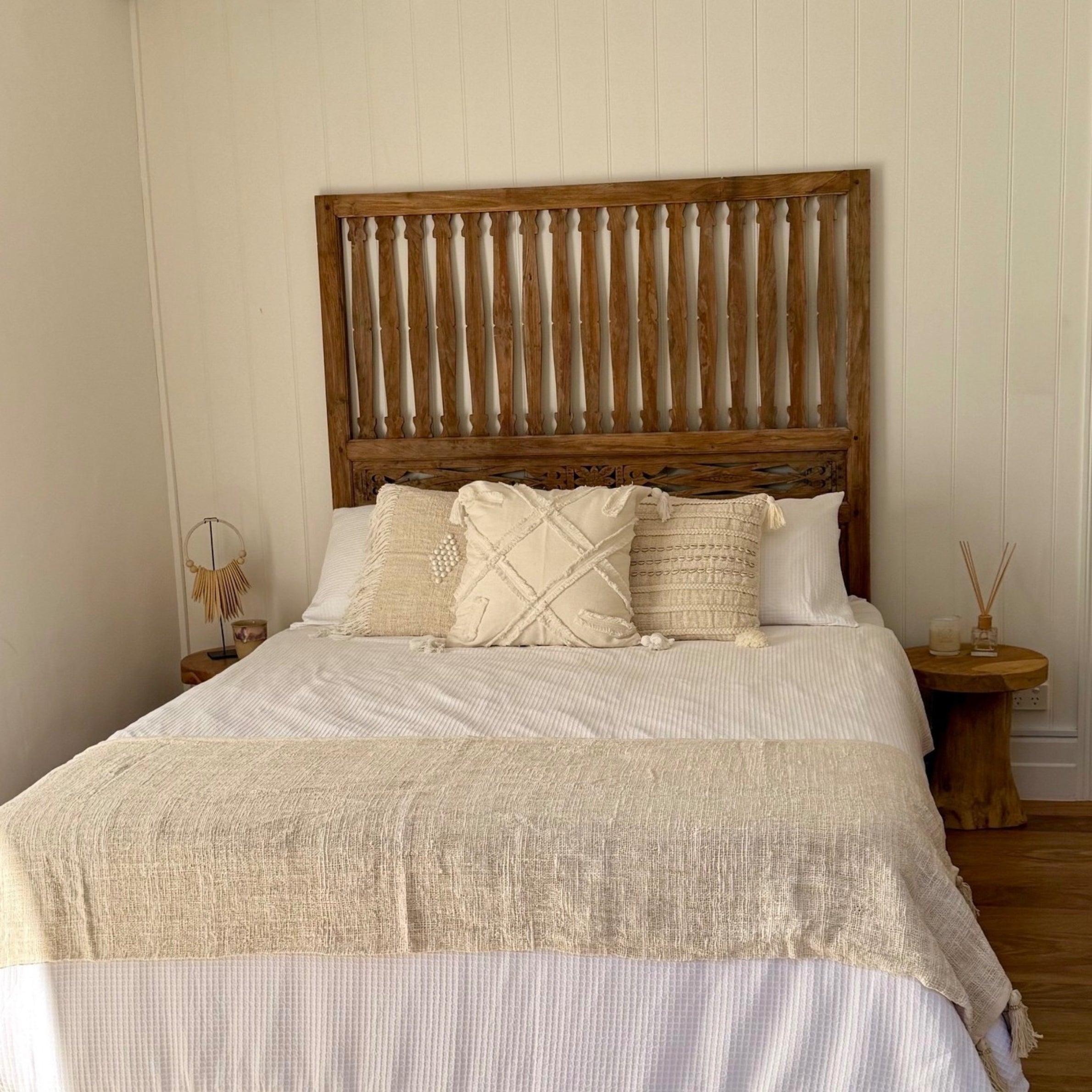 JIWA Tinggi Tall Vintage Original Teak Carved Bedhead - Queen