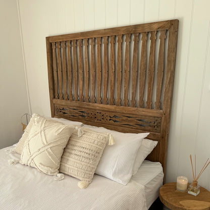 JIWA Tinggi Tall Vintage Original Teak Carved Bedhead - Queen