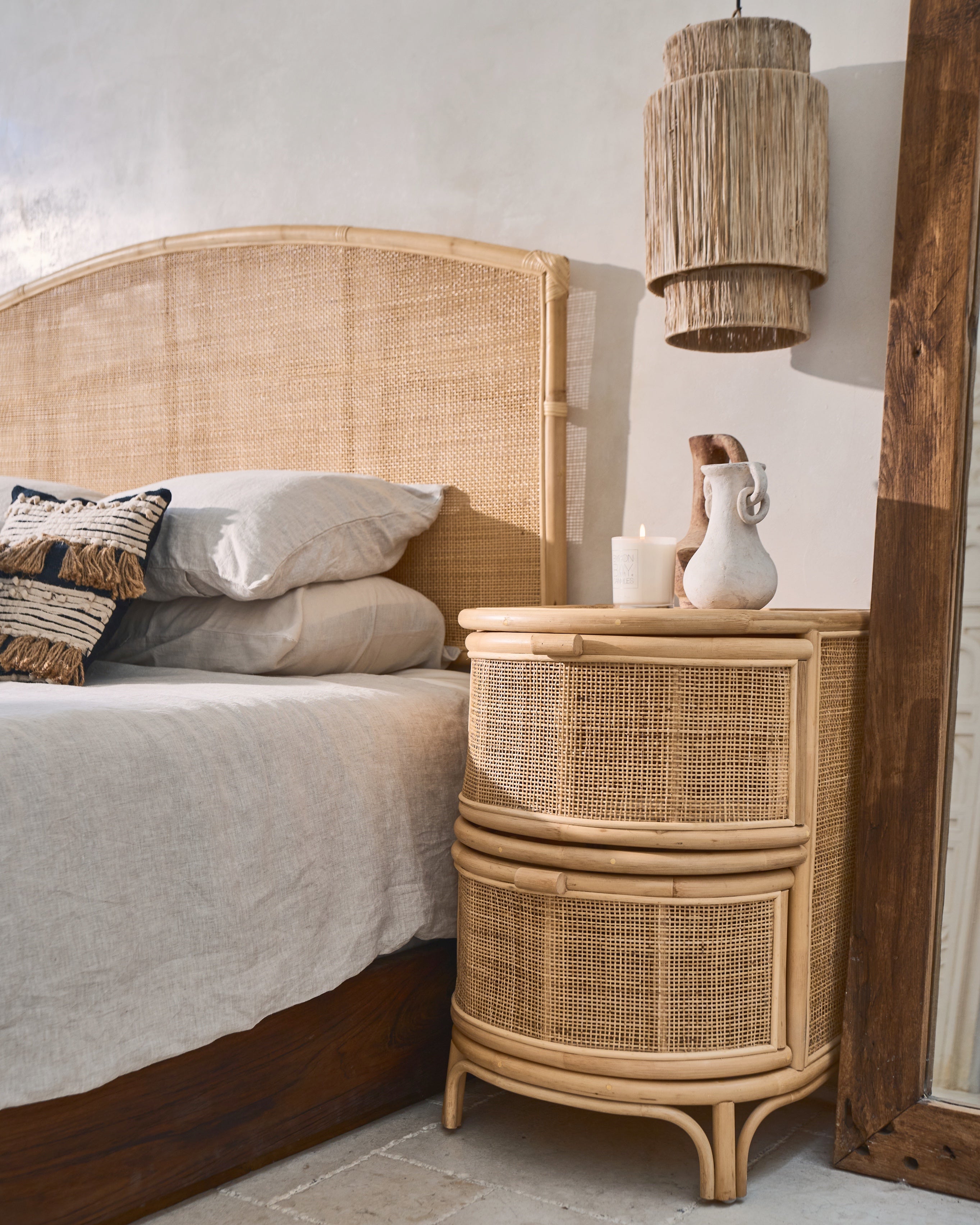 Bulat Rattan Weave Curved Side Table with drawers