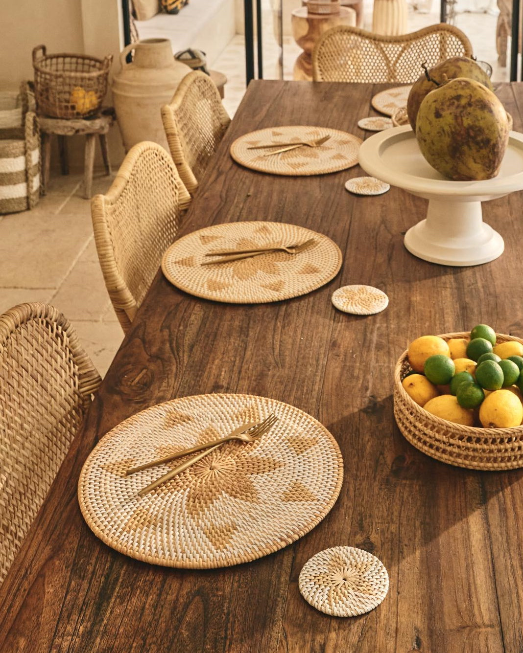 Natural White Woven Patterned Rattan Coasters