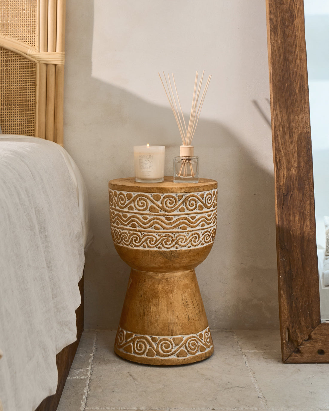 Timor Carved Whitewash Wood Martini Side Tables