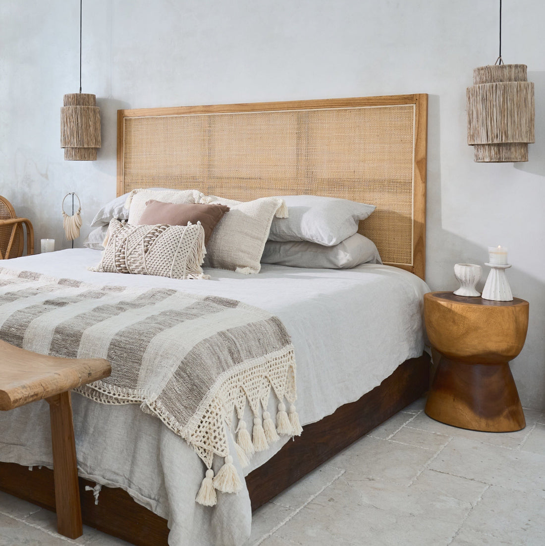 Penida Woven Rattan Mahogany Bedhead | Honey Colour - King, Queen, Double