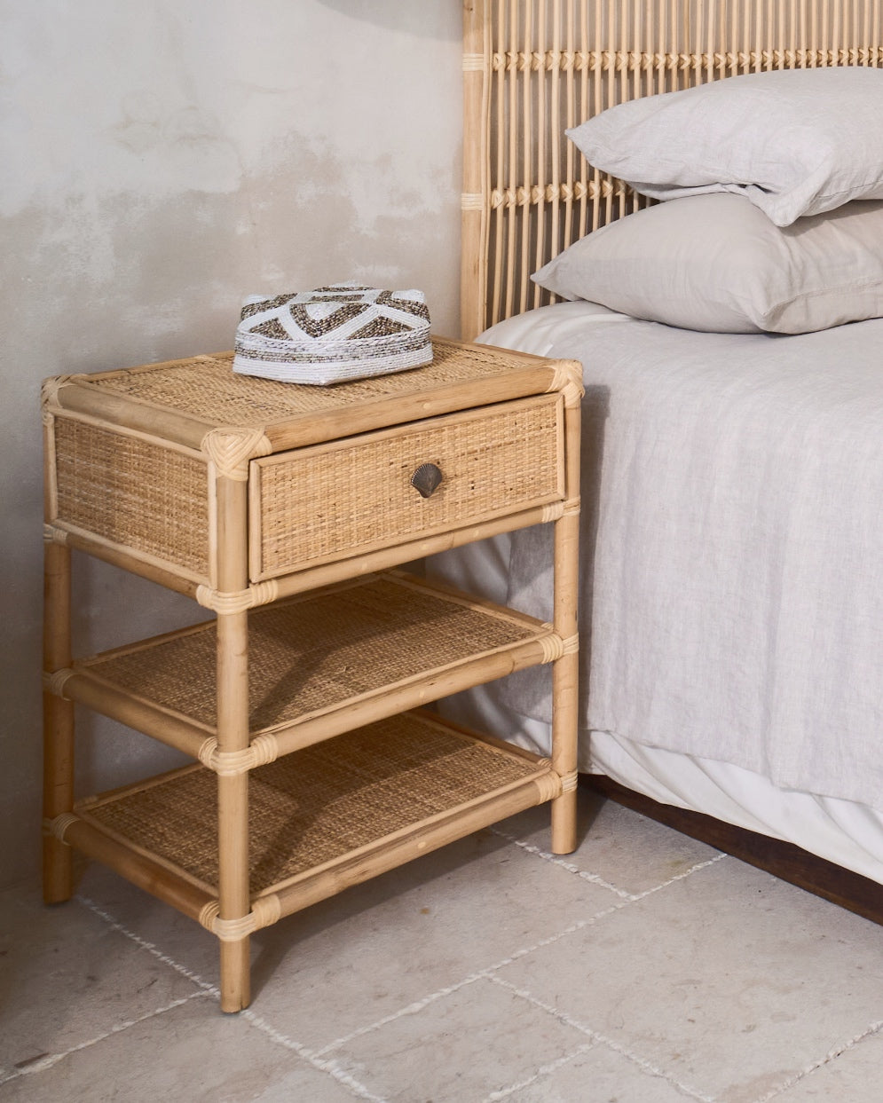 Persegi Rattan Drawer Open Shelf Side Table