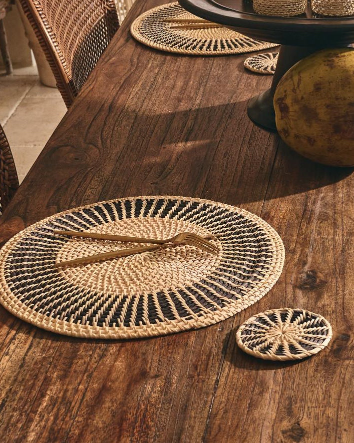 Natural Black Woven Patterned Rattan Coasters
