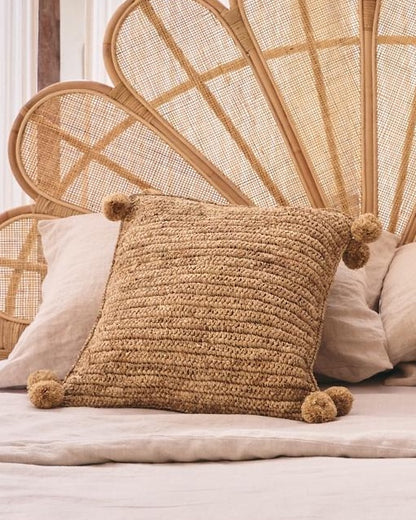 Raffia Square Cushion Cover with Corner Pom Pom - 50x50cm