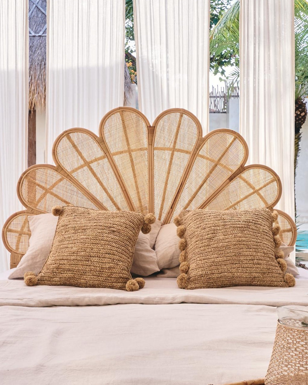 Raffia Square Cushion Cover with Corner Pom Pom - 50x50cm