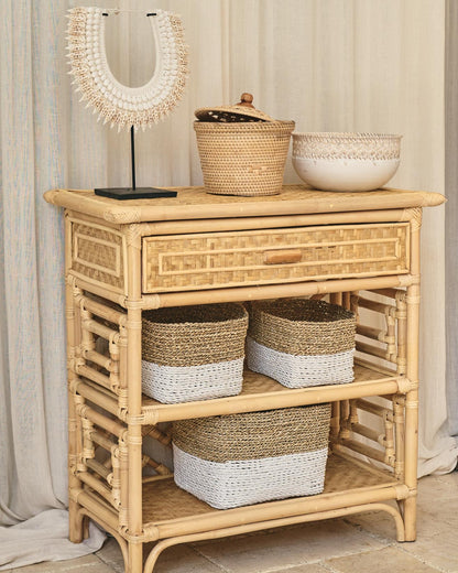 Round Tall Rattan Bowl Box with design lid