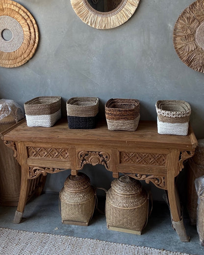 Seagrass Rectangular Basket with shell border detail - black natural, S, M, L