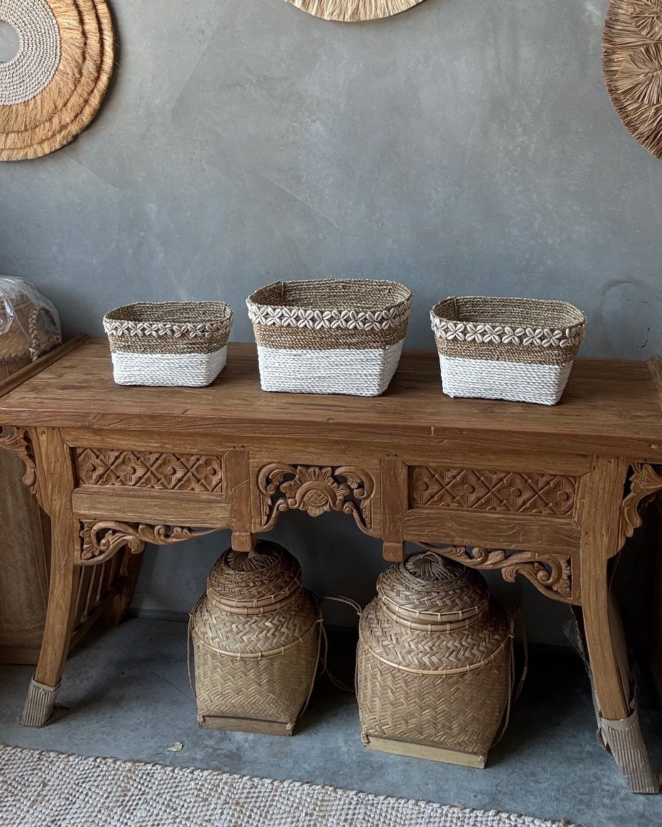 Seagrass Rectangular Basket with shell border detail - white natural, S, M, L