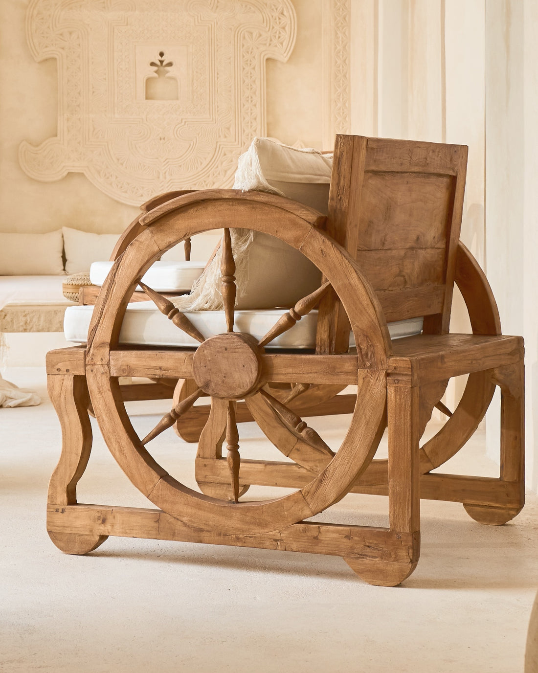 Roda Teak Vintage Bench Chairs with wheel arm design
