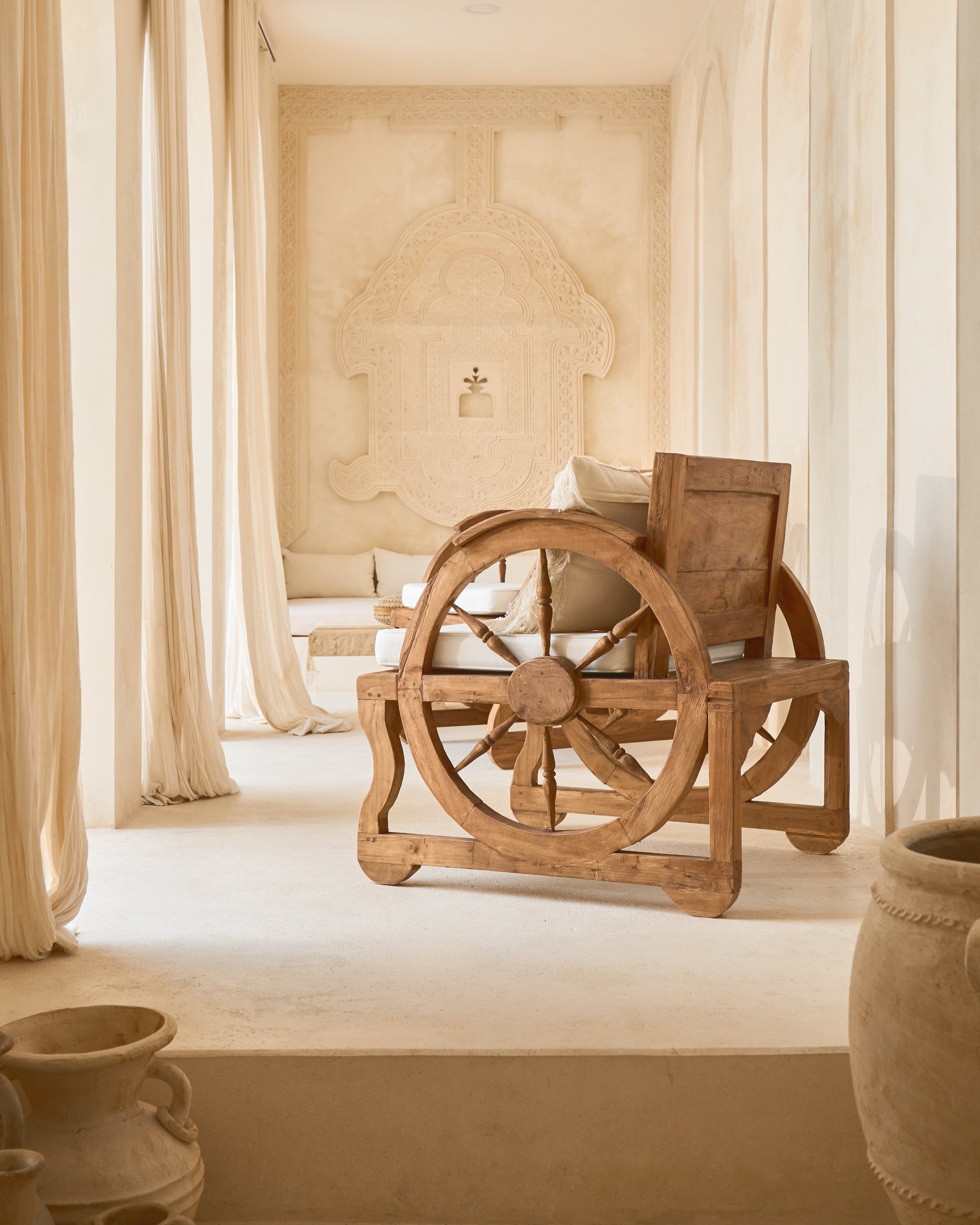 Roda Teak Vintage Bench Chairs with wheel arm design