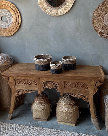 Tall Seagrass Round Basket with shell border, Black/Natural - S, M L