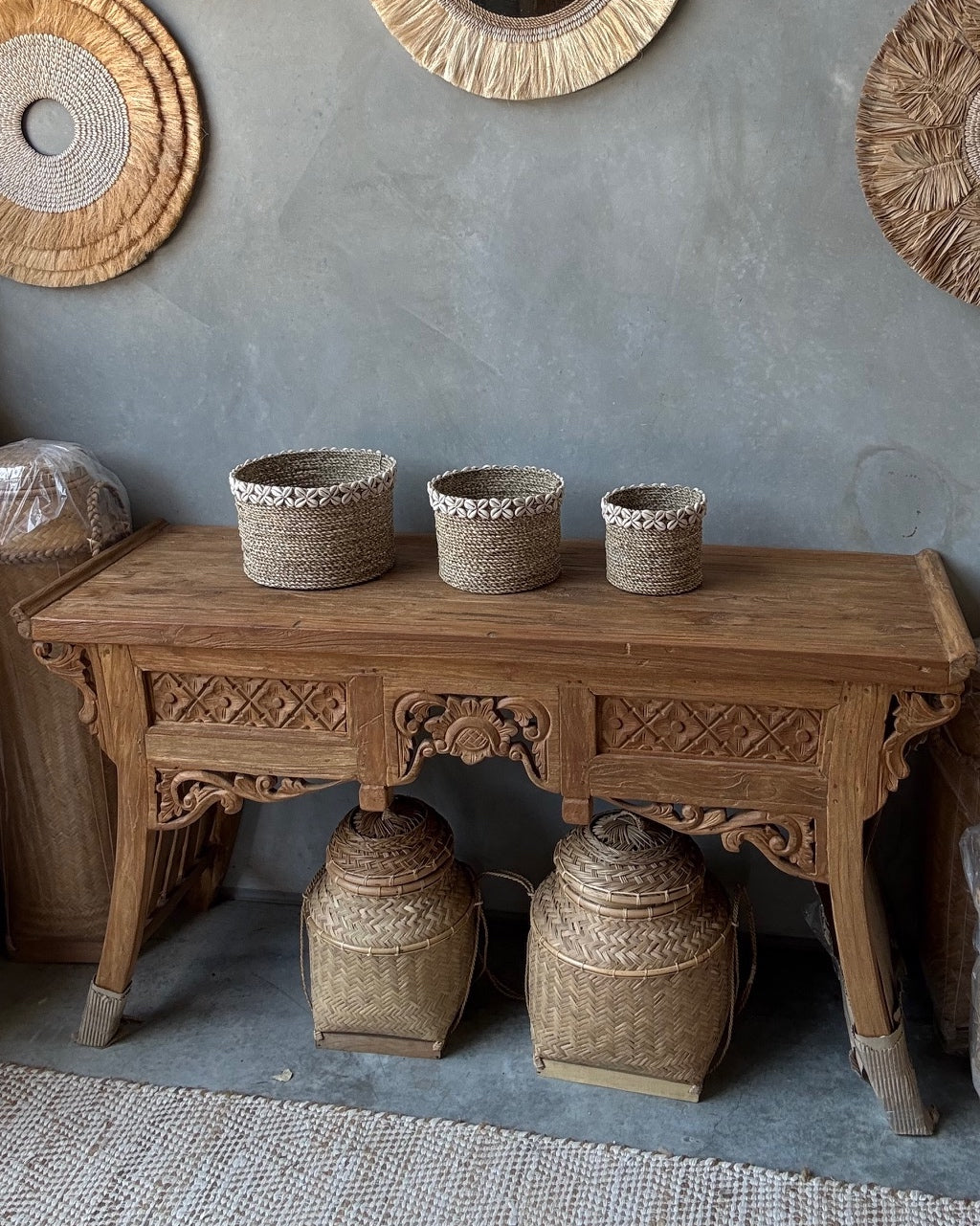 Tall Seagrass Round Basket with shell border, Natural - S, M L