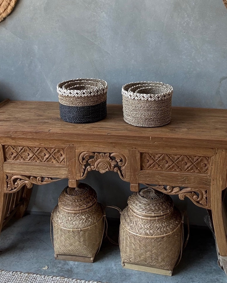 Tall Seagrass Round Basket with shell border, Natural - S, M L