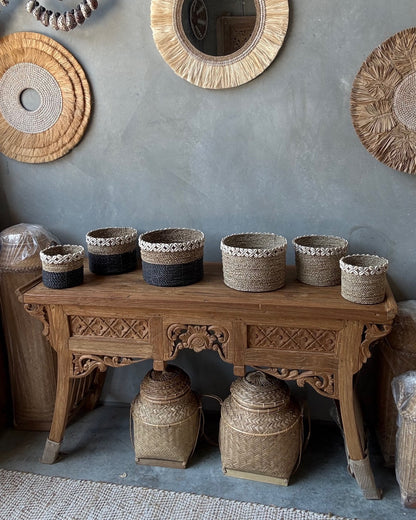 Tall Seagrass Round Basket with shell border, Natural - S, M L