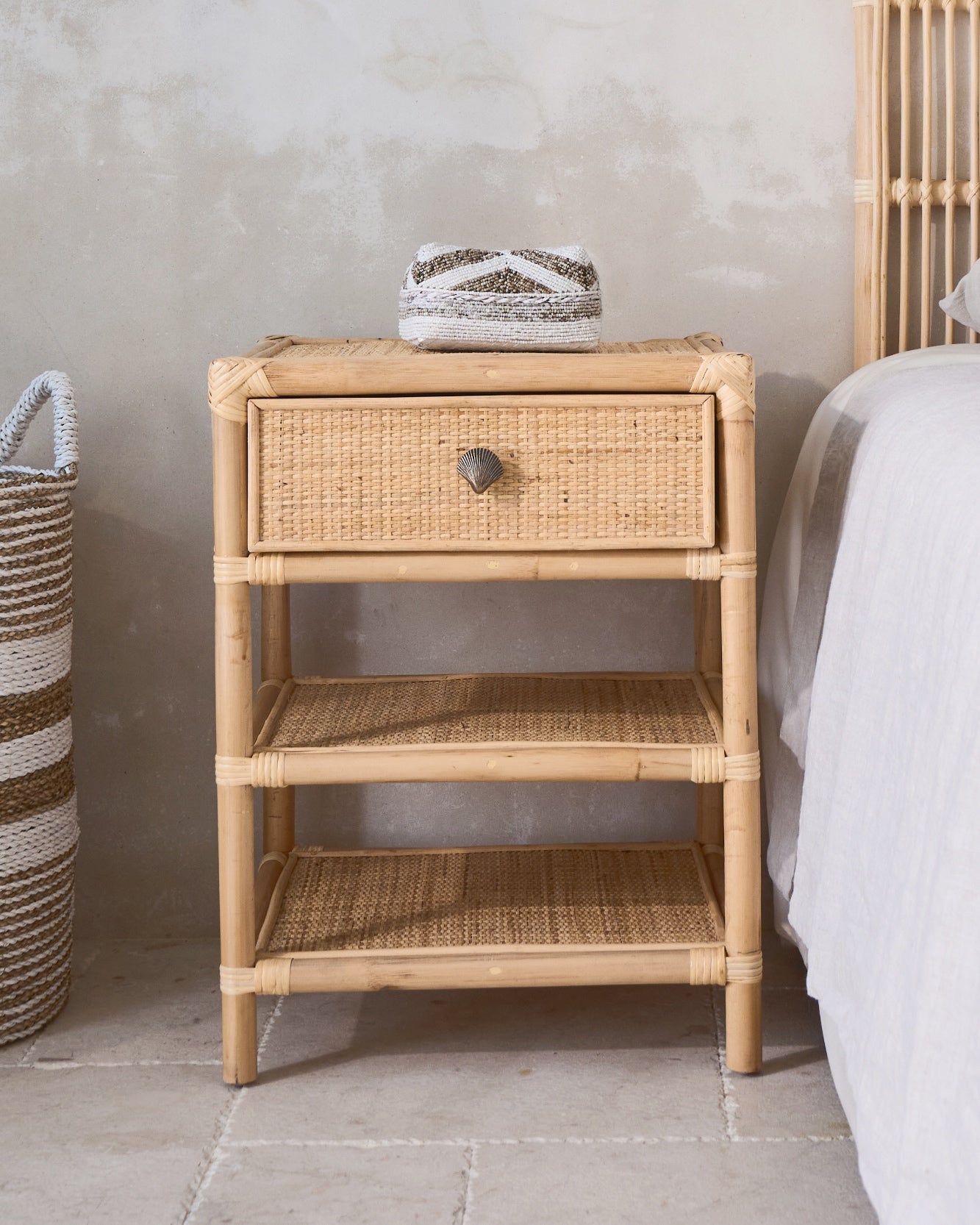 Persegi Rattan Drawer Open Shelf Side Table
