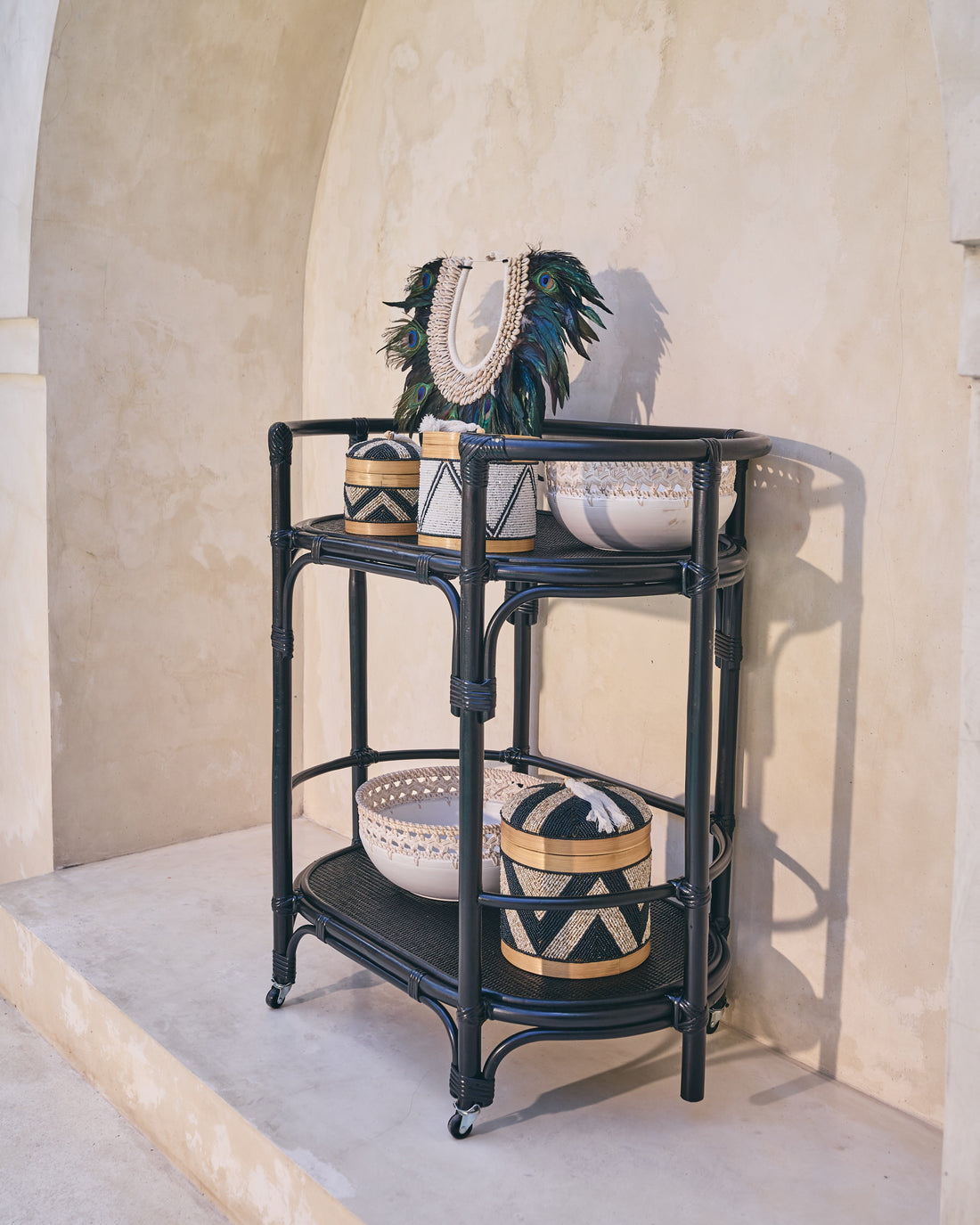 Soori Rattan Bar Cart Console Trolly - Black