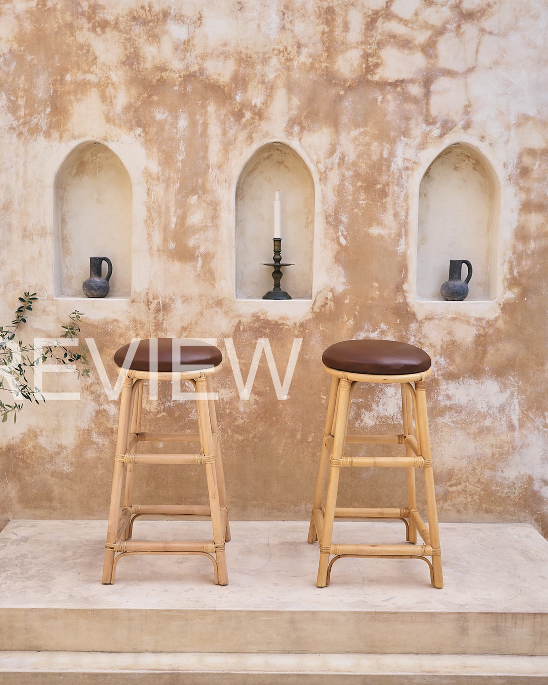 Berber Leather Seat Rattan Dining Bar Stools