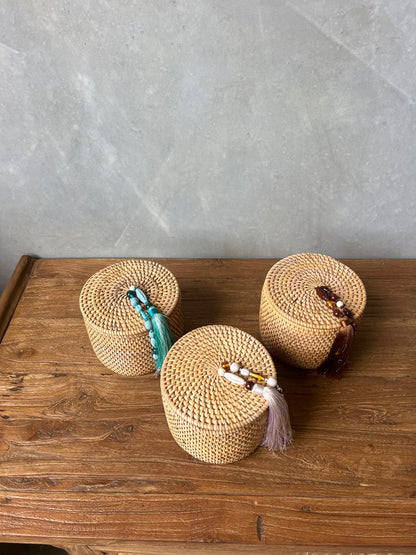 Round Rattan Trinket Boxes with lid and beaded colour tassels  - brown, blue, green, pink, white