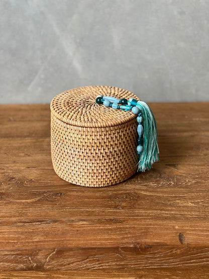 Round Rattan Trinket Boxes with lid and beaded colour tassels  - brown, blue, green, pink, white