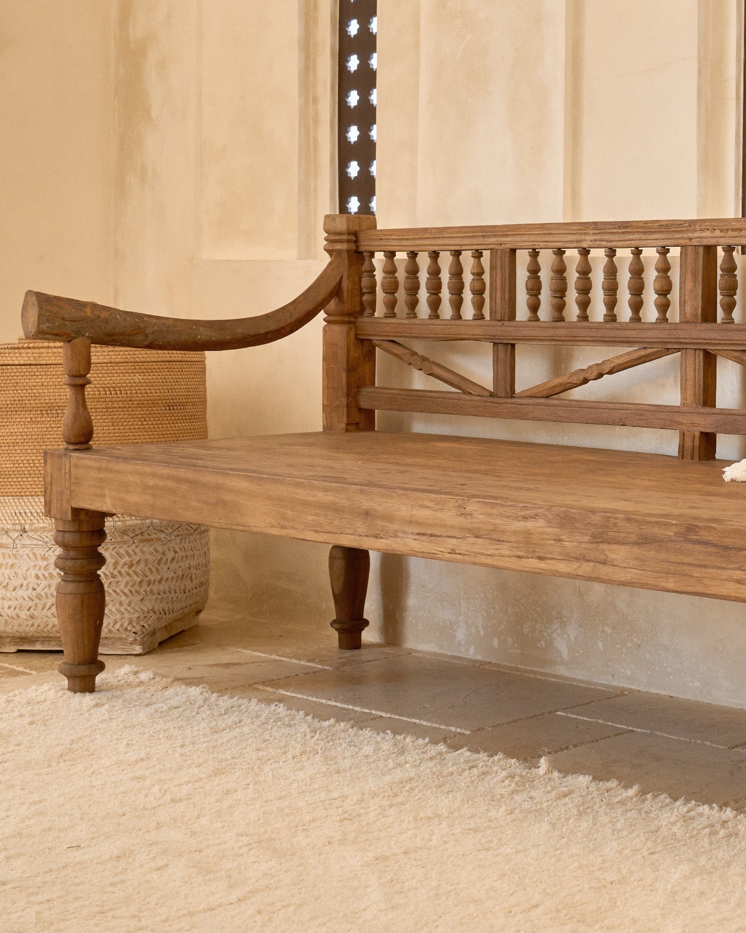 Vintage Recycled Teak Daybed Bench Sofa with original arms &amp; carvings