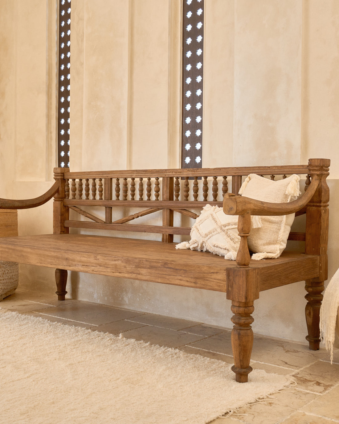 Vintage Recycled Teak Daybed Bench Sofa with original arms &amp; carvings