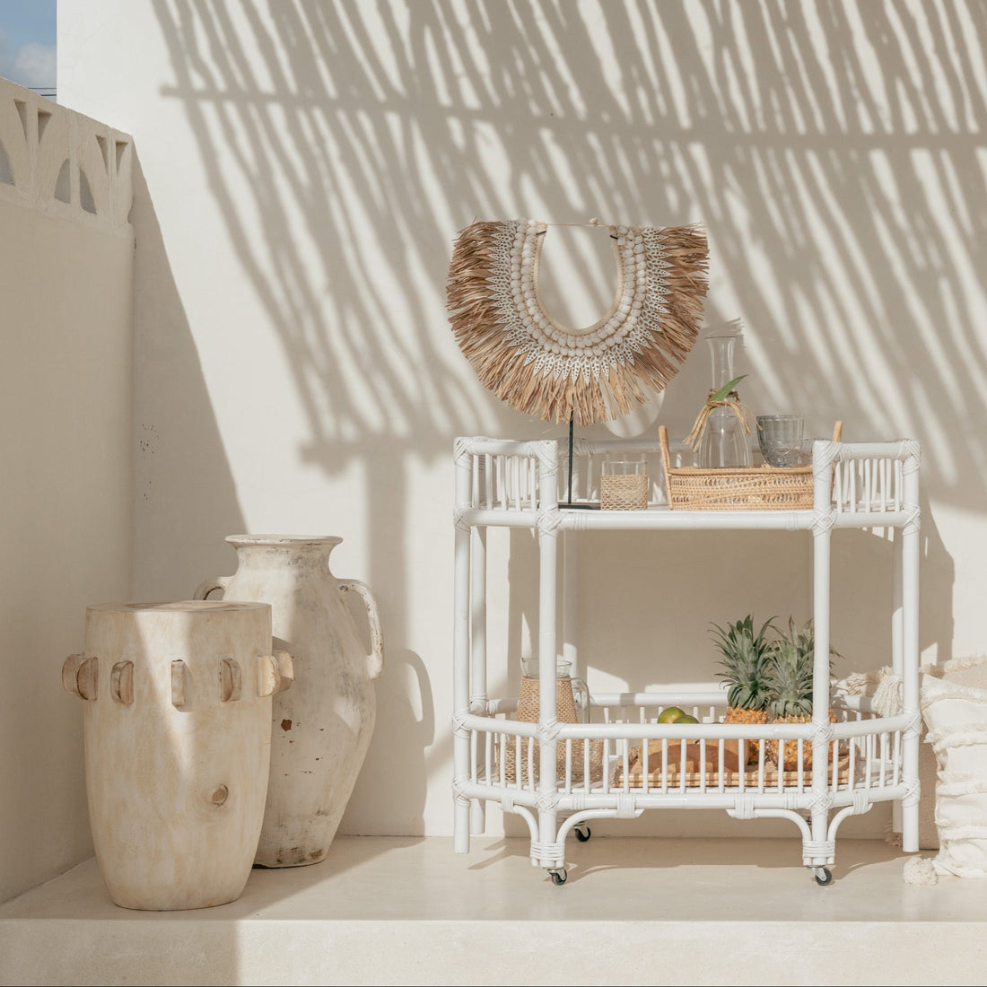 Cemagi White Rattan Bar Cart Console Trolly - White