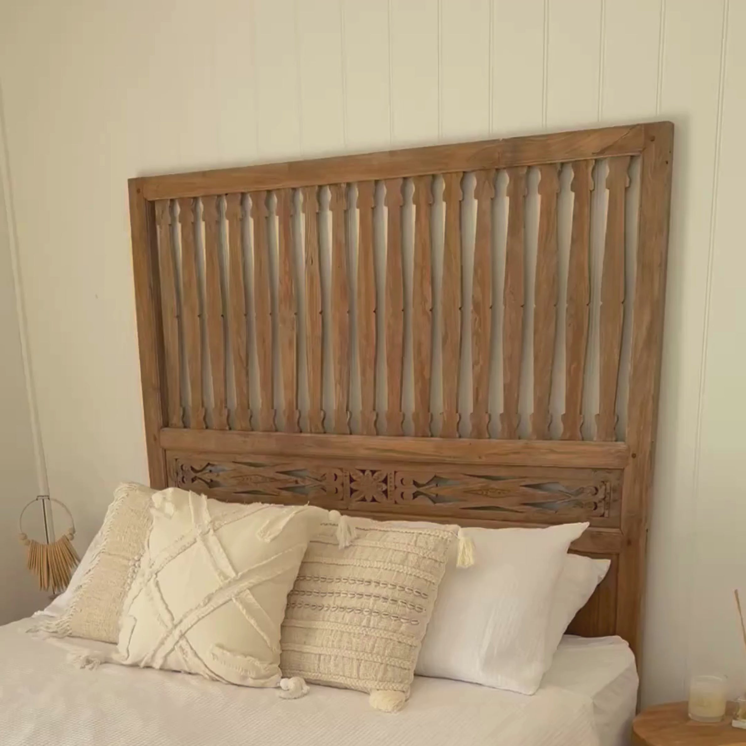JIWA Tinggi Tall Vintage Original Teak Carved Bedhead - Queen