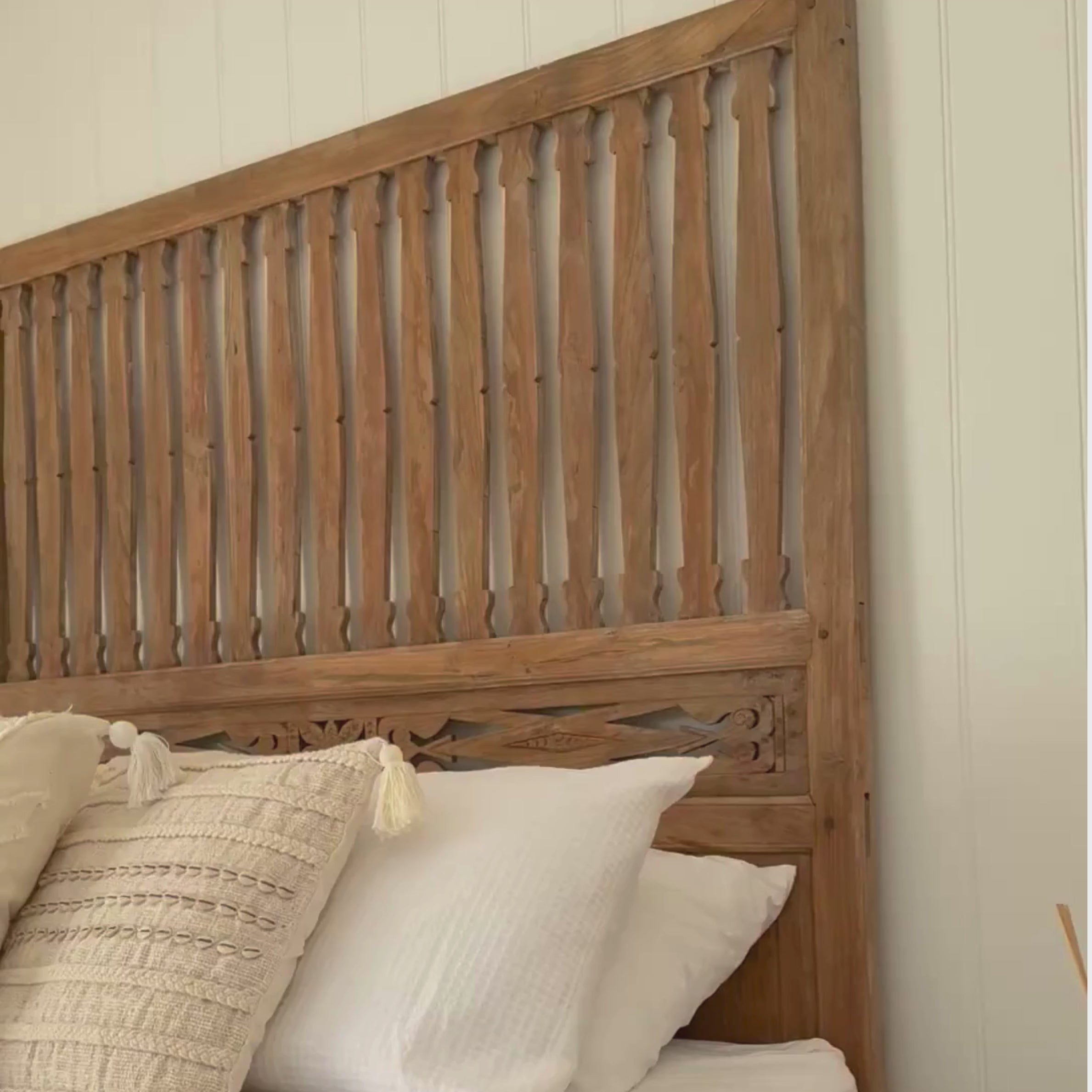 JIWA Tinggi Tall Vintage Original Teak Carved Bedhead - Queen