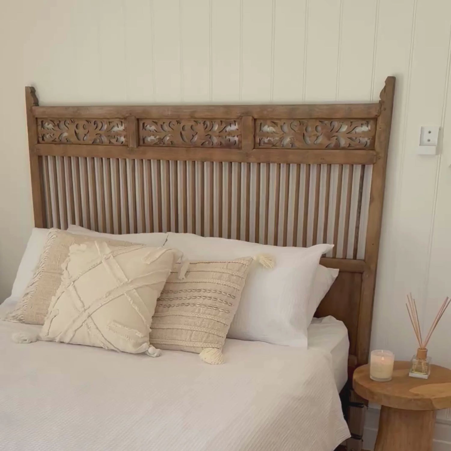 JIWA Taman Vintage Original Teak Carved Bedhead - Queen