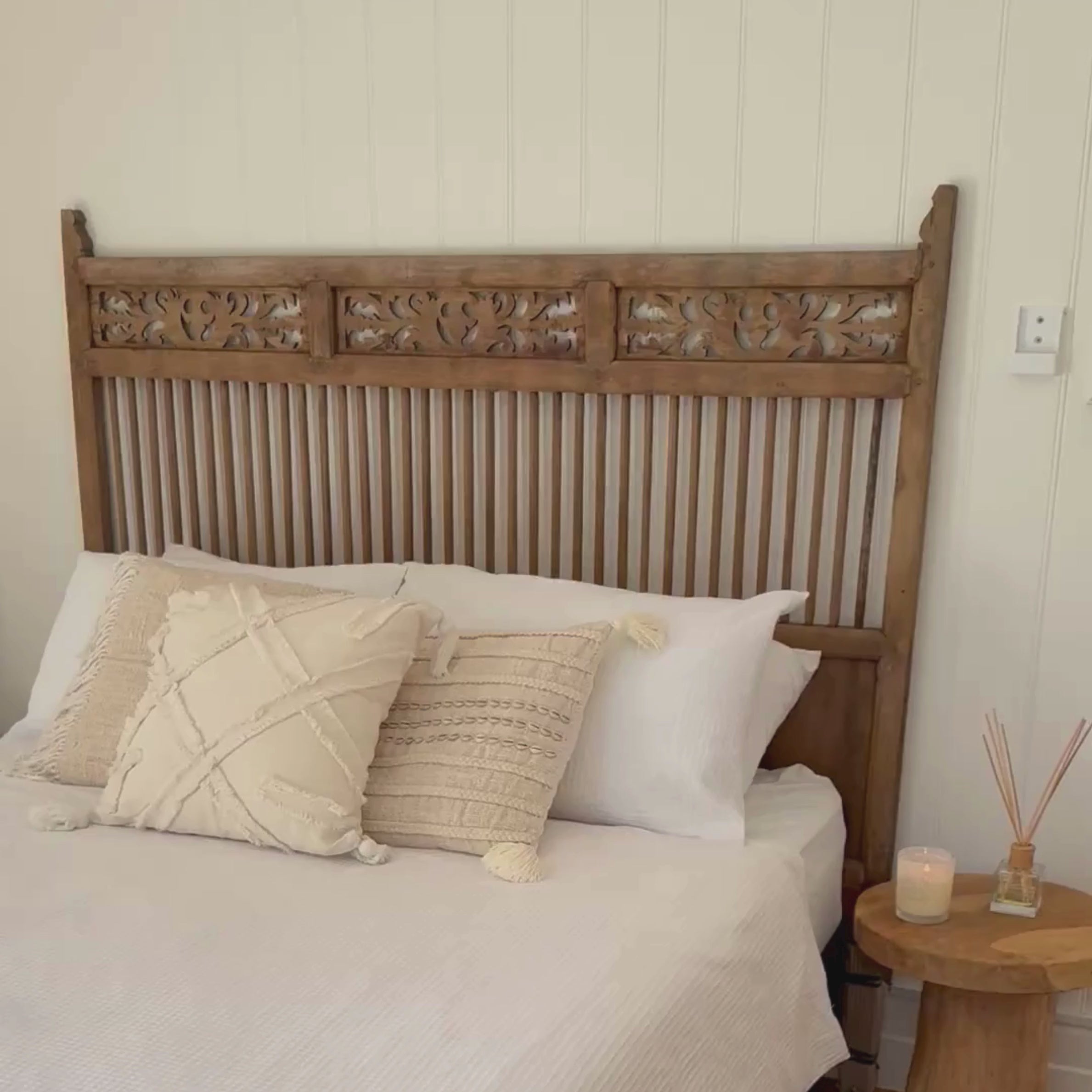 JIWA Taman Vintage Original Teak Carved Bedhead - Queen