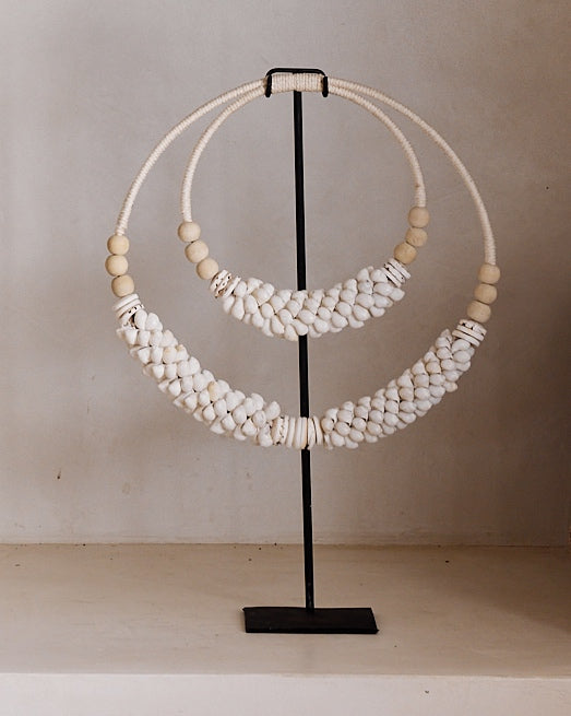 White Double Shell with Clay Bead Necklace &amp; Stand